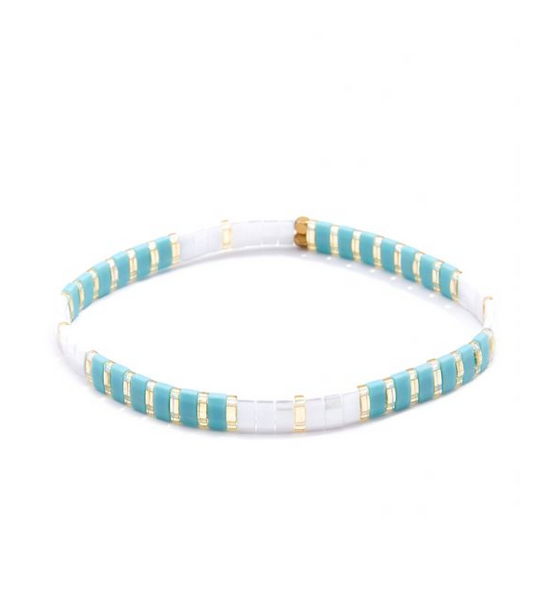 bracelet - Zenzii Striped Beaded Stretch Bracelet - Girl Intuitive - Zenzii - Aqua / Resin