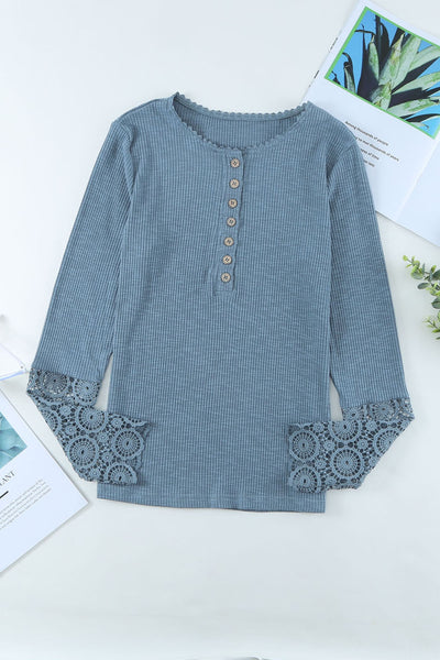 Top - Crochet Lace Hem Sleeve Button Top - Girl Intuitive - Trendsi - Blue / S