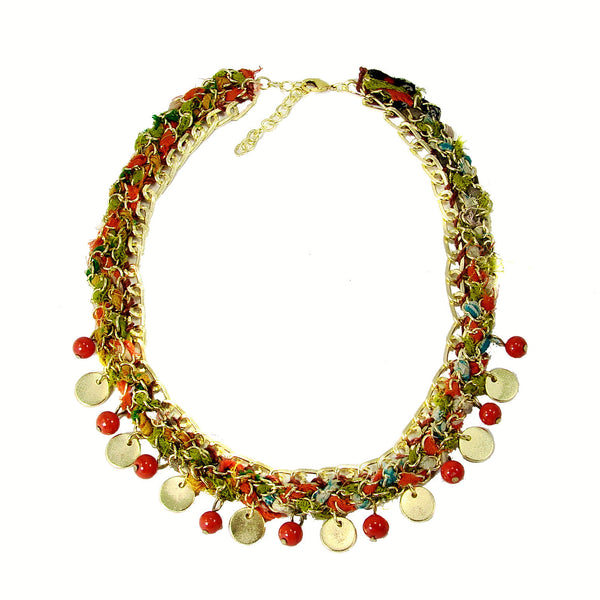 Necklace - Kantha Fabric Woven Fiesta Necklace - Red - Girl Intuitive - WorldFinds -