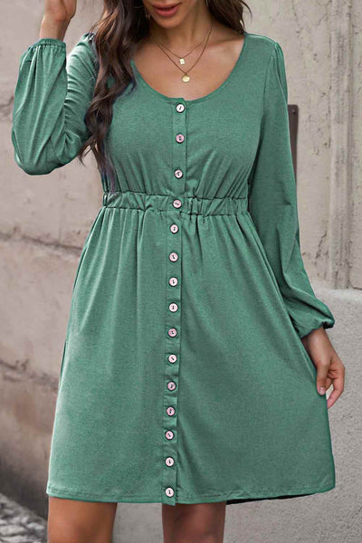 Dresses - Scoop Neck Empire Waist Long Sleeve Mini Dress - Girl Intuitive - Trendsi -