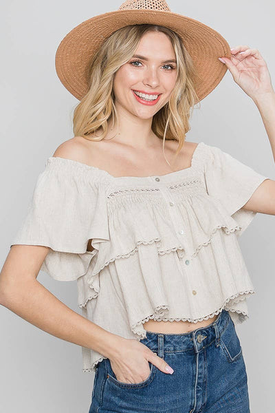 Top - Allie Rose Tiered Linen Smock Button Front Top - Girl Intuitive - Allie Rose - S / Beige
