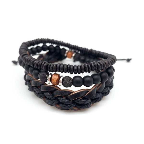 bracelet - Anju Aadi Bracelet Bundle Black Stone and Wood Beads and Leather - Girl Intuitive - Anju Jewelry -