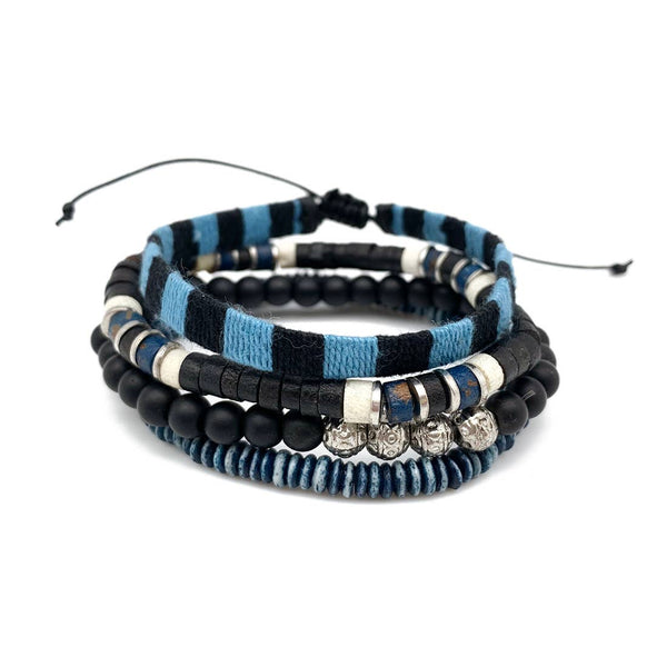 bracelet - Anju Aadi Bracelet Bundle Blue Thread and Wood Beads and Leather - Girl Intuitive - Anju Jewelry -