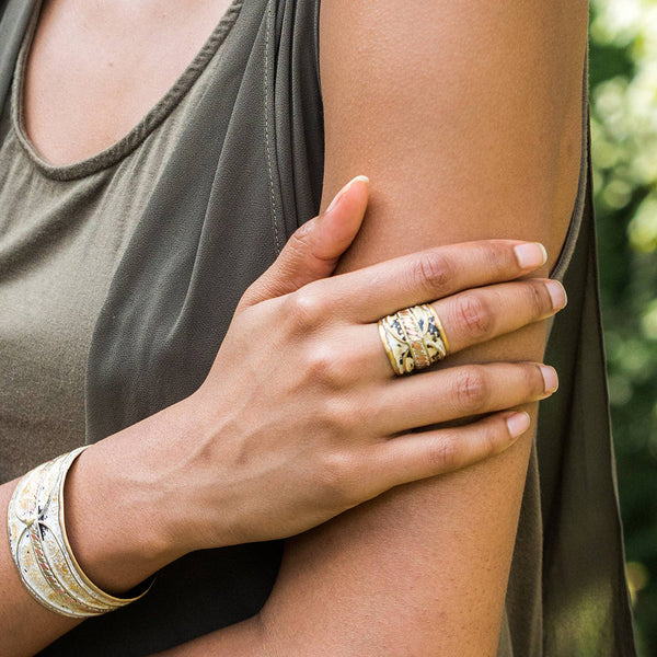 Ring - Anju Brass Patina Adjustable Cuff Ring in Cream With Twisted Metal - Girl Intuitive - Anju Jewelry -