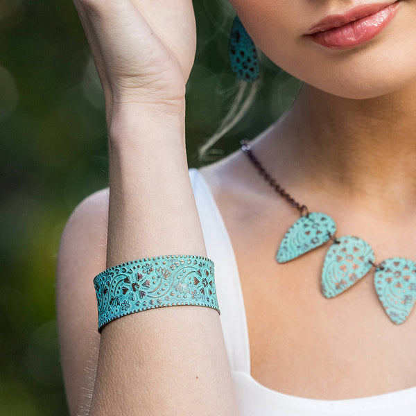 bracelet - Anju Copper Patina Bracelet Turquoise Floral and Vine - Girl Intuitive - Anju Jewelry -