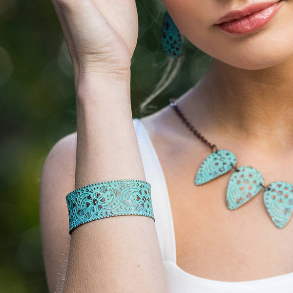 bracelet - Anju Copper Patina Bracelet Turquoise Floral and Vine - Girl Intuitive - Anju Jewelry -