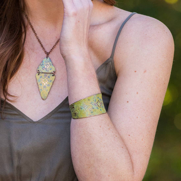 bracelet - Anju Copper Patina Bracelet in Light Green Flora - Girl Intuitive - Anju Jewelry -