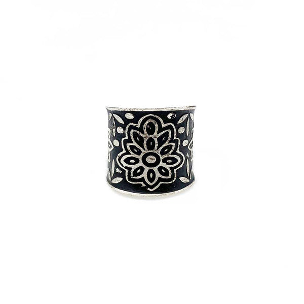 Ring - Anju Silver Patina Ring in Black Floral Pattern - Girl Intuitive - Anju Jewelry -