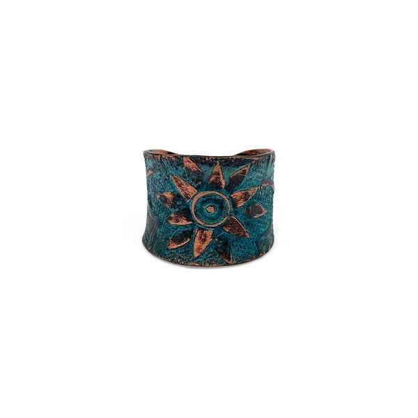 Ring - Anju Copper Patina Ring in Teal Sun Flower Design - Girl Intuitive - Anju Jewelry -