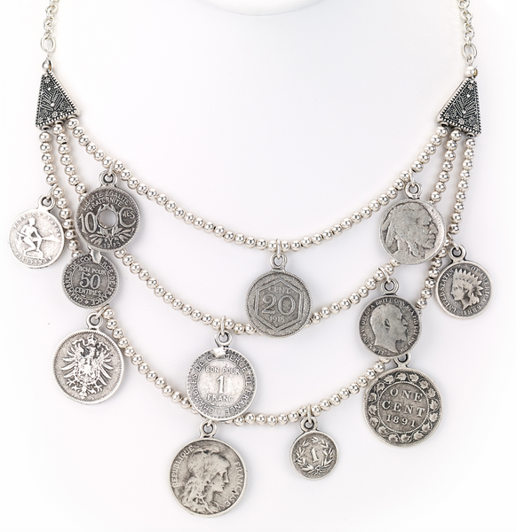 Necklace - Antique Coins Multi Row Silver Necklace - Girl Intuitive - Island Imports -