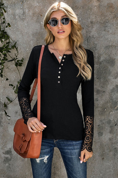 Top - Crochet Lace Hem Sleeve Button Top - Girl Intuitive - Trendsi - Black / S