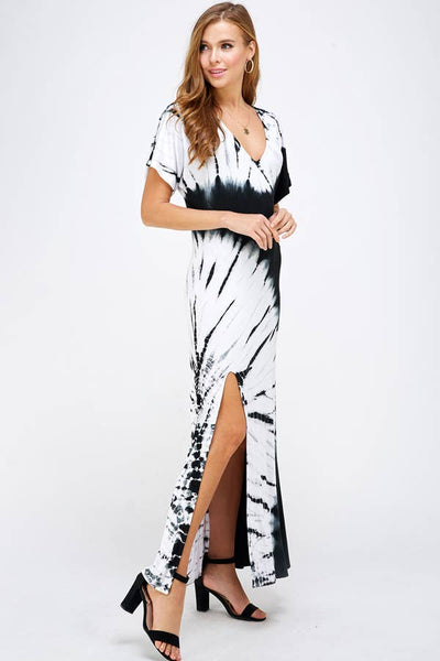 black and white tie dye maxi dress Maxi Dress White And Black Tie Dye Dress Woman Abstract Print Elegant V Neck Sleeveless Aesthetic Boho Beach Long Dresses