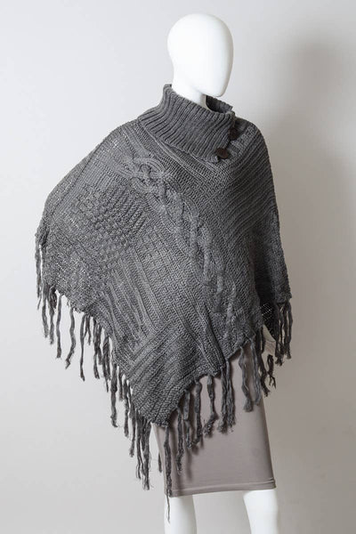 Scarves - Bohemian Cable Knit Poncho With Tassels - Girl Intuitive - Leto - One Size / Gray