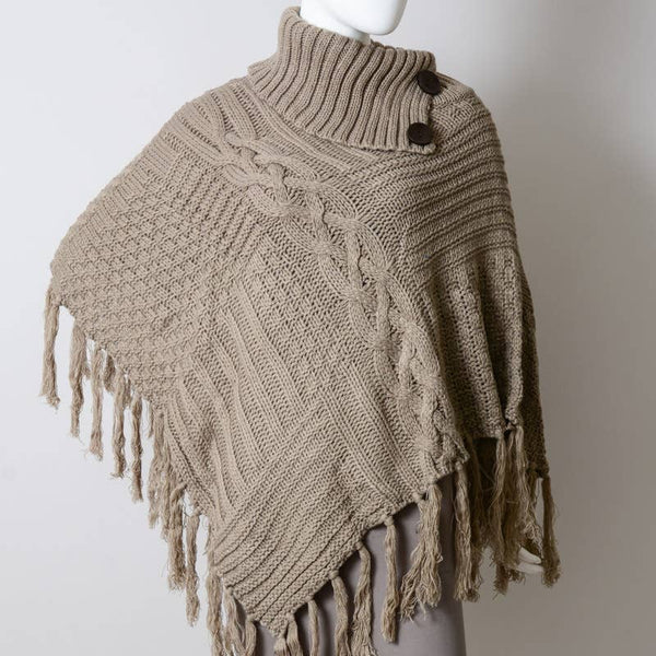 Scarves - Bohemian Cable Knit Poncho With Tassels - Girl Intuitive - Leto - One Size / Brown