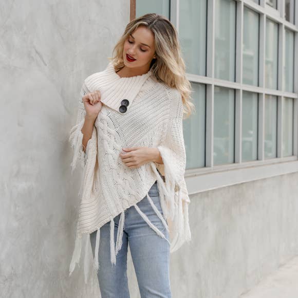 Scarves - Bohemian Cable Knit Poncho With Tassels - Girl Intuitive - Leto -