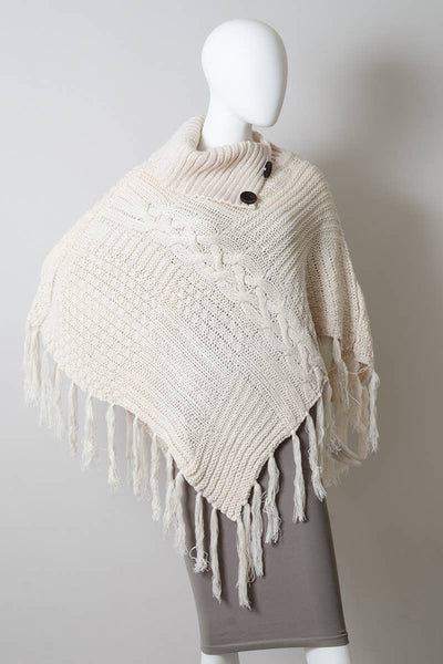 Scarves - Bohemian Cable Knit Poncho With Tassels - Girl Intuitive - Leto - One Size / Ivory