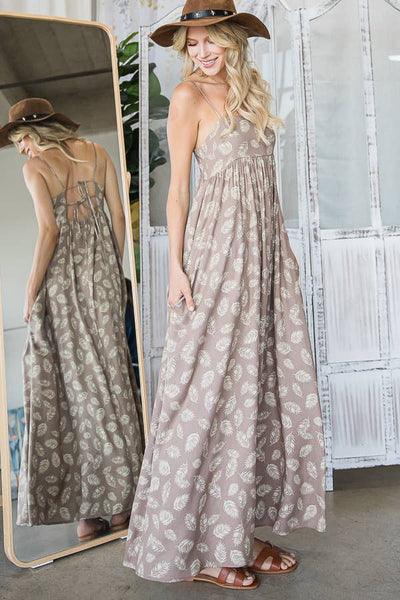 Dresses - Bucketlist Tie Back Feather Print Maxi Dress - Girl Intuitive - Bucketlist - S / Brown