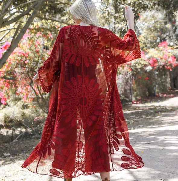Kimono - Bohemian Lace Embroidered Kimono - Girl Intuitive - Leto - One Size / Red
