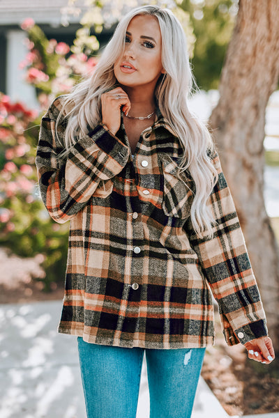 Jacket - Plaid Button Front Shirt Jacket with Breast Pockets - Girl Intuitive - Trendsi - Khaki / S