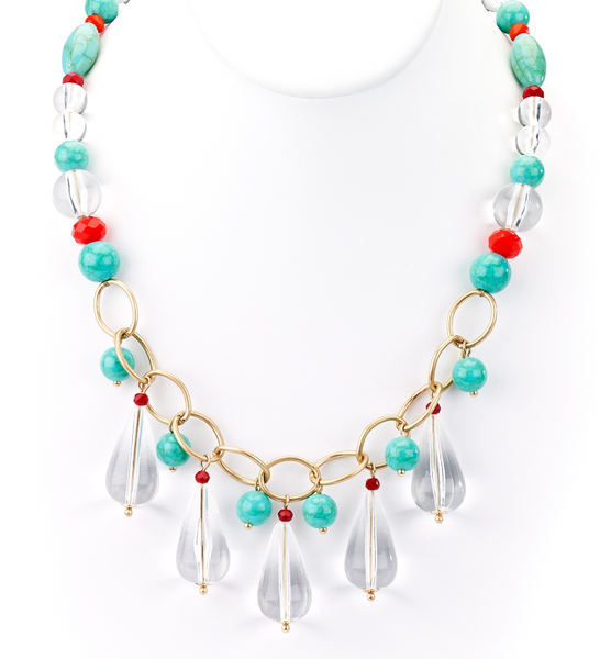 Necklace - Clear Teardrops and Turquoise Beads Collar Necklace - Girl Intuitive - Island Imports -