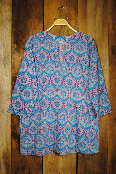 Tunic - Cotton Tunic Top Bohemian Turquoise Print - Girl Intuitive - Nusantara -