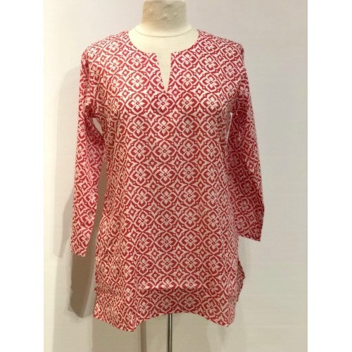Tunic - Cotton Tunic Top in Geo Red Floral - Girl Intuitive - Dolma -