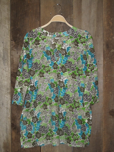 Tunic - Cotton Tunic Top Turquoise Green and Gray Floral - Girl Intuitive - Nusantara -