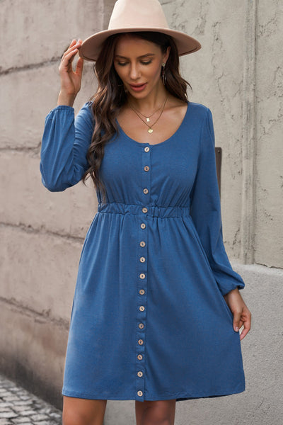 Dresses - Scoop Neck Empire Waist Long Sleeve Mini Dress - Girl Intuitive - Trendsi -