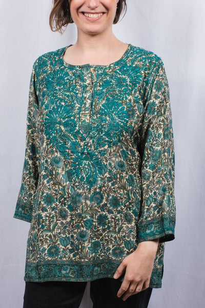 Tunic - Dolma Embroidered Silk Tunic Top in Emerald - Girl Intuitive - Dolma -