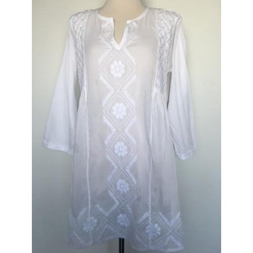 Tunic - Semi-Sheer Hand Embroidered White Tunic Top - Girl Intuitive - Dolma -