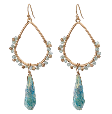 earrings - Drop Crystal Hoop Earrings - Girl Intuitive - Island Imports - 3" / Gold/Blue