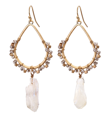 earrings - Drop Crystal Hoop Earrings - Girl Intuitive - Island Imports - 3" / Gold/White