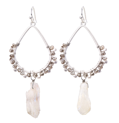 earrings - Drop Crystal Hoop Earrings - Girl Intuitive - Island Imports - 3" / Silver/White