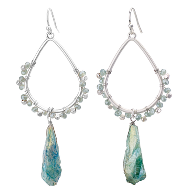earrings - Drop Crystal Hoop Earrings - Girl Intuitive - Island Imports - 3" / Silver/Blue