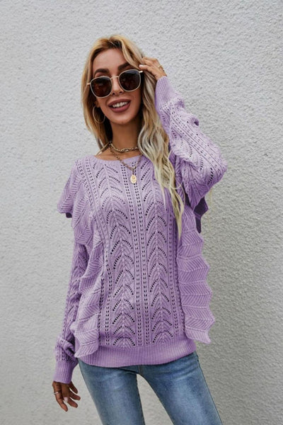 Top - Openwork Round Neck Ruffled Sweater - Girl Intuitive - Trendsi - Purple / S