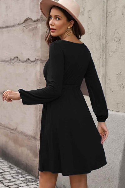 Dresses - Scoop Neck Empire Waist Long Sleeve Mini Dress - Girl Intuitive - Trendsi -