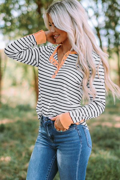 Top - Striped Contrast Trim Quarter Snap T-Shirt - Girl Intuitive - Trendsi -
