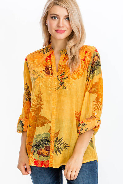 Tunic - Floral Printed Tunic with Embroidery and Vintage Wash Ochre - Girl Intuitive - Magazine Clothing -