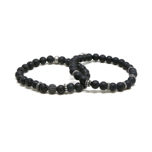 Men - Mens Black Lava Stone Beaded Bracelet Set in Silver Ox - Girl Intuitive - Ettika -