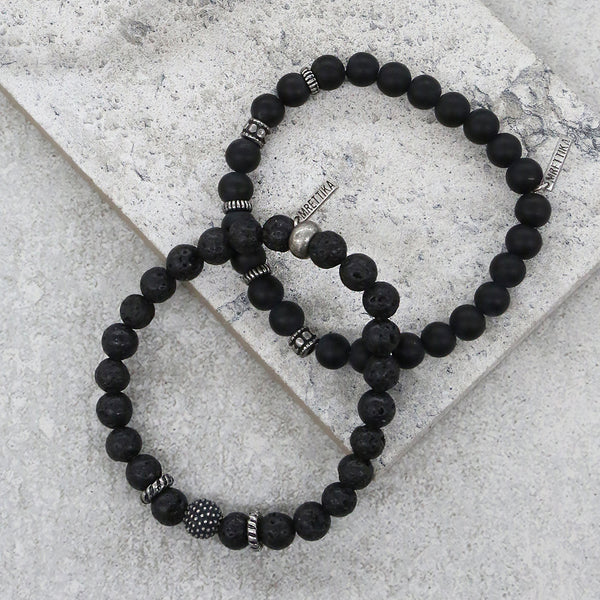 Men - Mens Black Lava Stone Beaded Bracelet Set in Silver Ox - Girl Intuitive - Ettika -