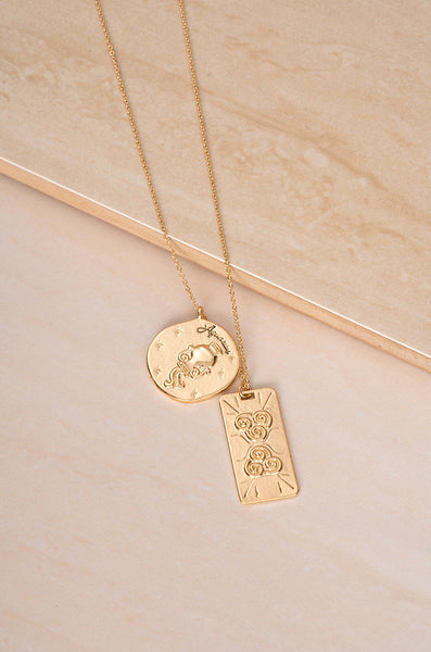 Necklace - Ettika Zodiac Double Medallion 18k Gold Plated Necklace - Girl Intuitive - Ettika - 30" / Gold / Aquarius