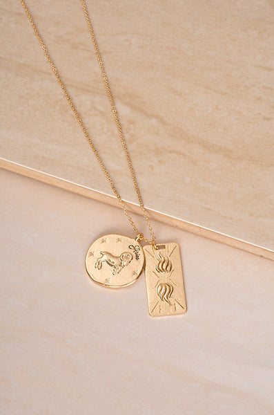 Necklace - Ettika Zodiac Double Medallion 18k Gold Plated Necklace - Girl Intuitive - Ettika - 30" / Gold / Aries