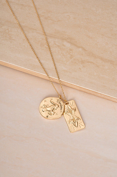Necklace - Ettika Zodiac Double Medallion 18k Gold Plated Necklace - Girl Intuitive - Ettika - 30" / Gold / Capricorn
