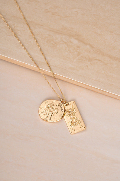 Necklace - Ettika Zodiac Double Medallion 18k Gold Plated Necklace - Girl Intuitive - Ettika - 30" / Gold / Gemini
