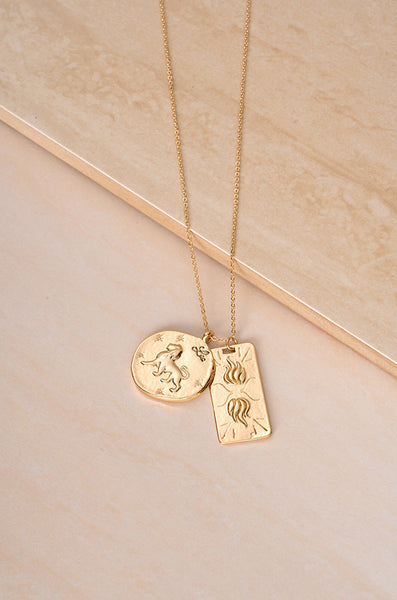 Necklace - Ettika Zodiac Double Medallion 18k Gold Plated Necklace - Girl Intuitive - Ettika - 30" / Gold / Leo