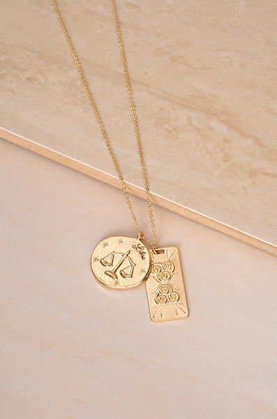 Necklace - Ettika Zodiac Double Medallion 18k Gold Plated Necklace - Girl Intuitive - Ettika - 30" / Gold / Libra