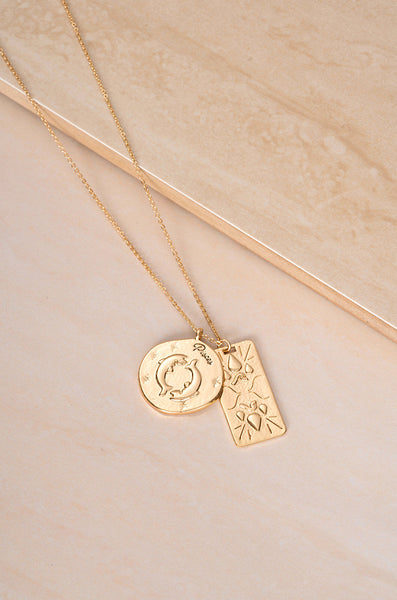 Necklace - Ettika Zodiac Double Medallion 18k Gold Plated Necklace - Girl Intuitive - Ettika - 30" / Gold / Pisces