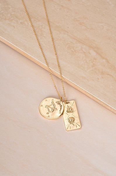Necklace - Ettika Zodiac Double Medallion 18k Gold Plated Necklace - Girl Intuitive - Ettika - 30" / Gold / Sagitarius