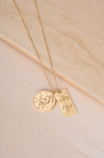 Necklace - Ettika Zodiac Double Medallion 18k Gold Plated Necklace - Girl Intuitive - Ettika - 30" / Gold / Taurus