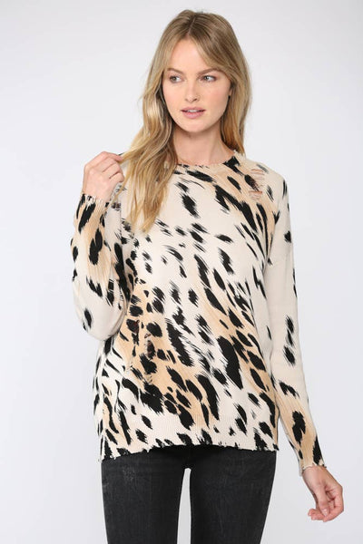 Sweater - Fate Animal Print Distressed Sweater - Girl Intuitive - Fate - S / Black/Beige